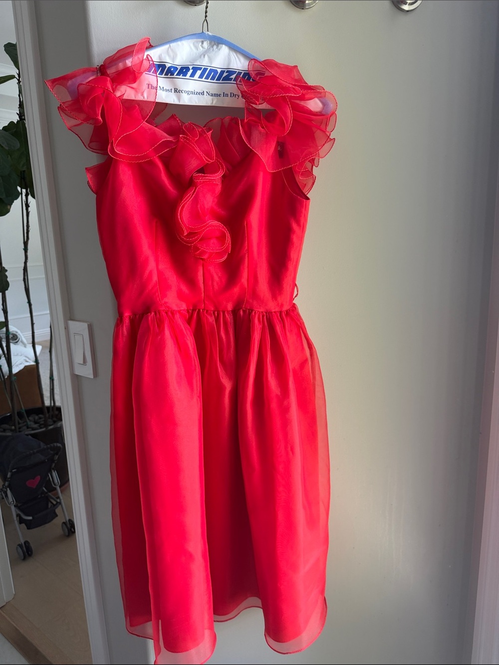 Vintage 80s Red Puffy Ruffle Dress Organza USA Union Made Small